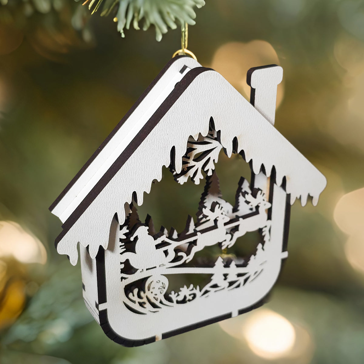 Set 4 Ornamente Brad Craciun 3D din Lemn, JOYSTOS, Casute Decorative 100x100x16 mm, Placaj 3 mm, Globuri Craciun pentru Brad