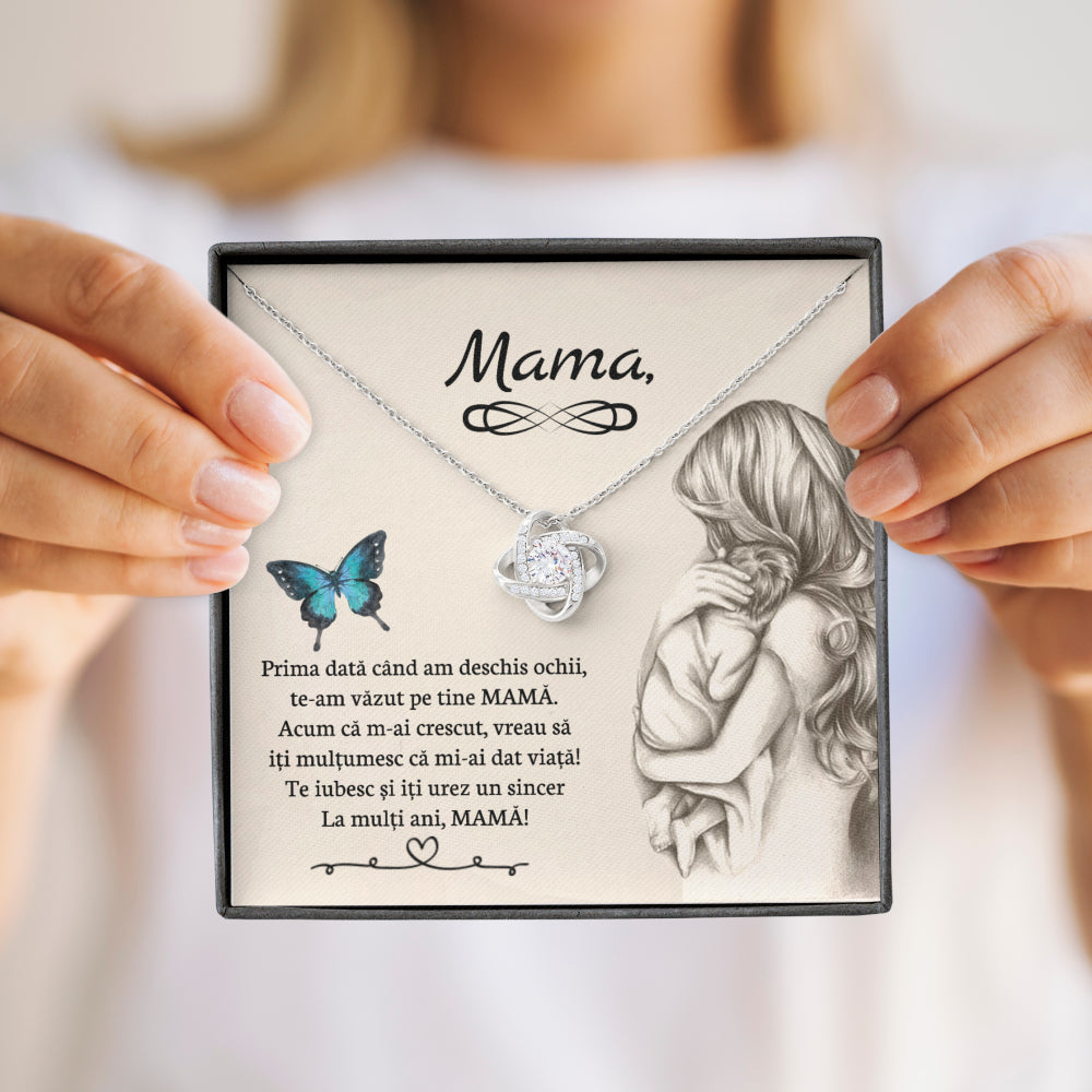 Cadou Pentru Mama - Colier Nodul Iubirii, Placat Cu Aur Alb 14K, Si Card Cu Mesaj "Mama, Prima data cand am deschis ochii"
