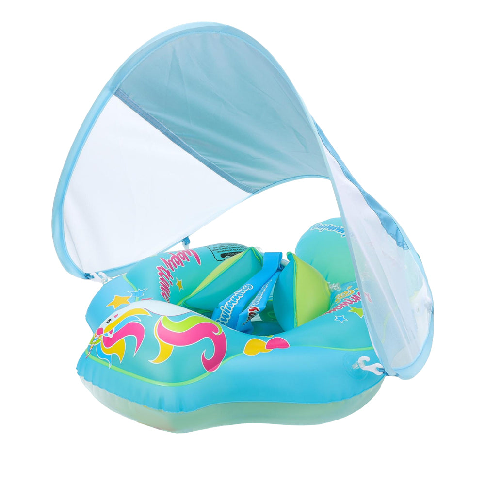 Colac de Inot, Joystos, Text Happy Time Pentru Copii, Blue, cu Parasolar, cu Suport Pentru Piept, 3 Luni - 6 Ani