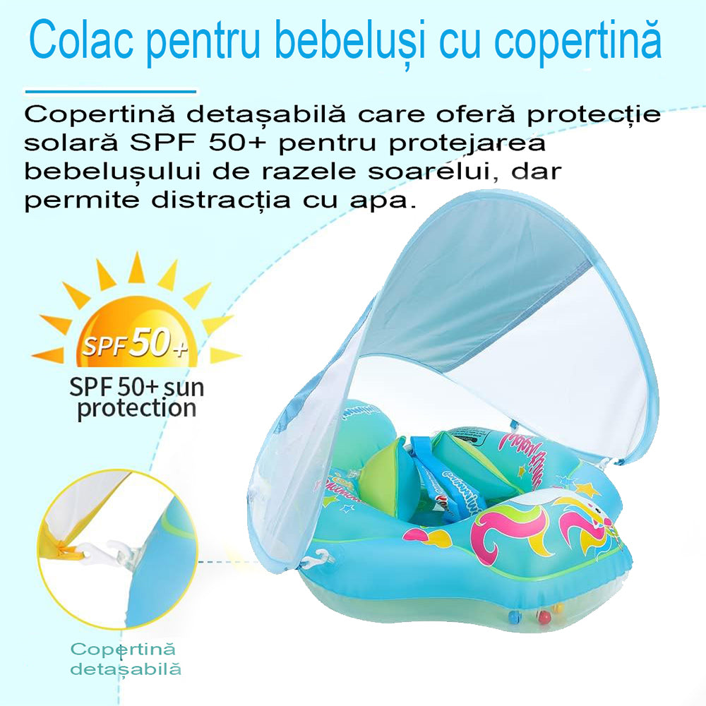 Colac de Inot, Joystos, Text Happy Time Pentru Copii, Blue, cu Parasolar, cu Suport Pentru Piept, 3 Luni - 6 Ani