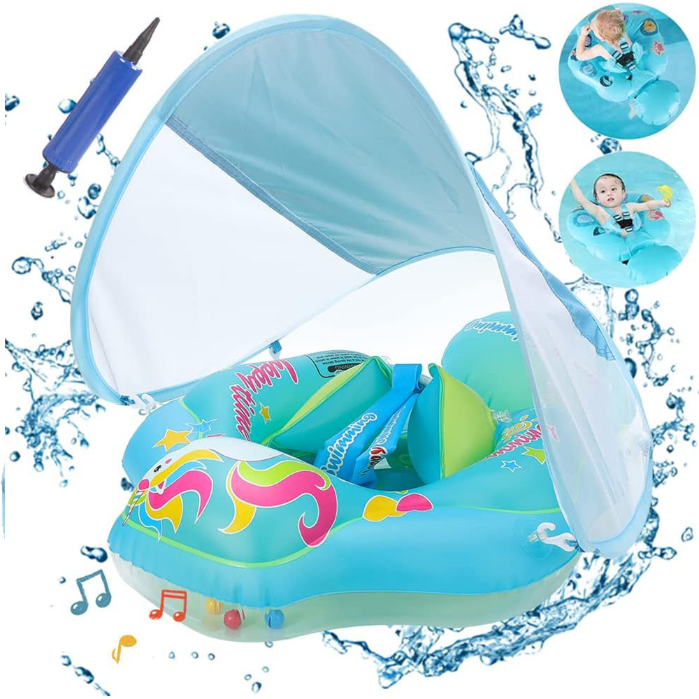 Colac de Inot, Joystos, Text Happy Time Pentru Copii, Blue, cu Parasolar, cu Suport Pentru Piept, 3 Luni - 6 Ani