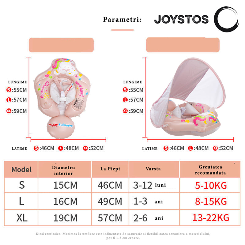 Colac de Inot, Joystos, Text Happy Time Pentru Copii, Pink, cu Parasolar, cu Suport Pentru Piept, 3 Luni - 6 Ani