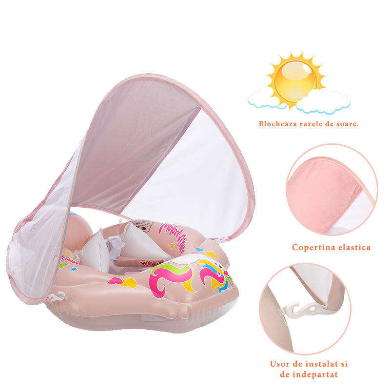 Colac de Inot, Joystos, Text Happy Time Pentru Copii, Pink, cu Parasolar, cu Suport Pentru Piept, 3 Luni - 6 Ani