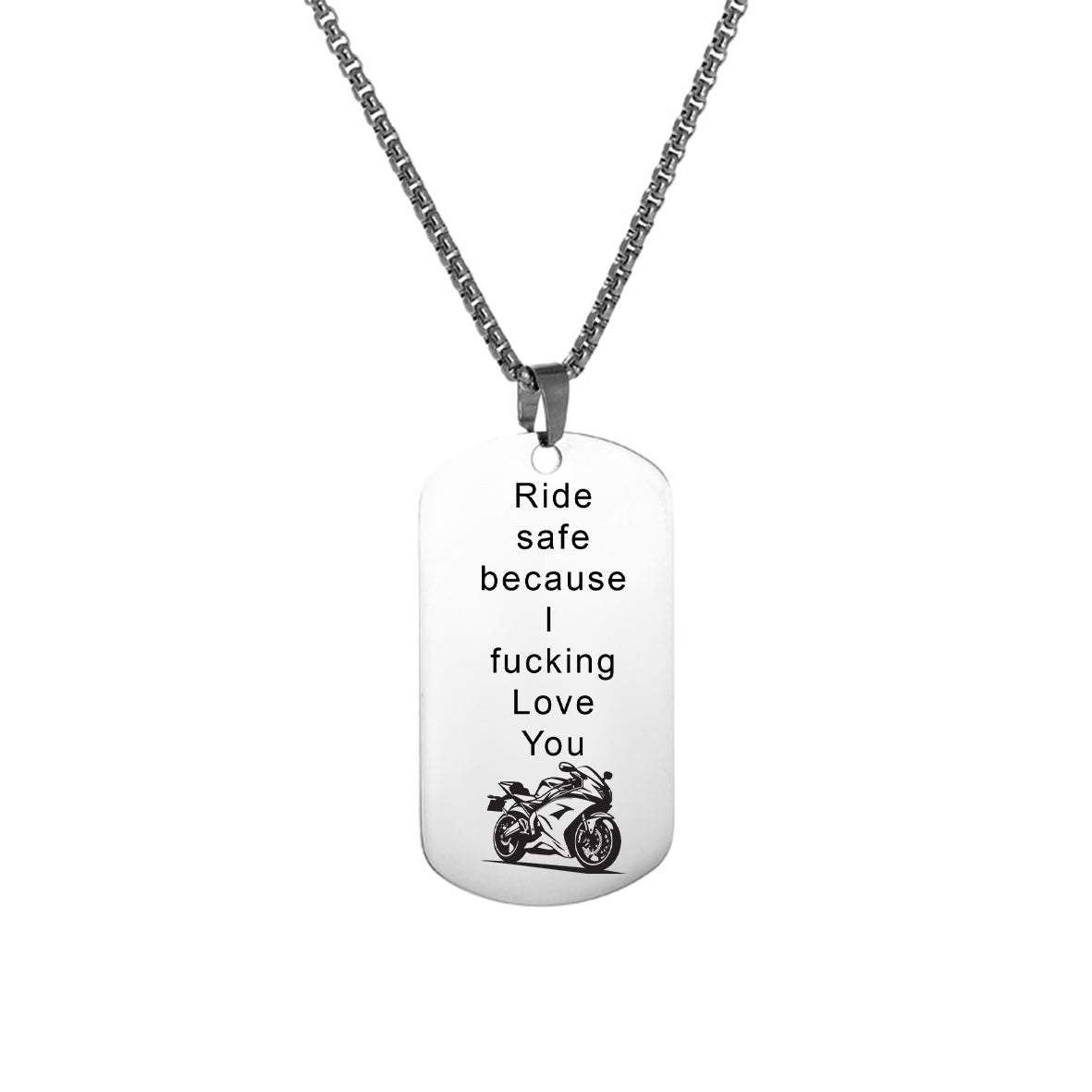 Cadou Pentru Iubit, Colier Military Tag Otel Inoxidabil, Cu Mesaj Gravat `Ride safe Because I Fu..... Love U Moto"