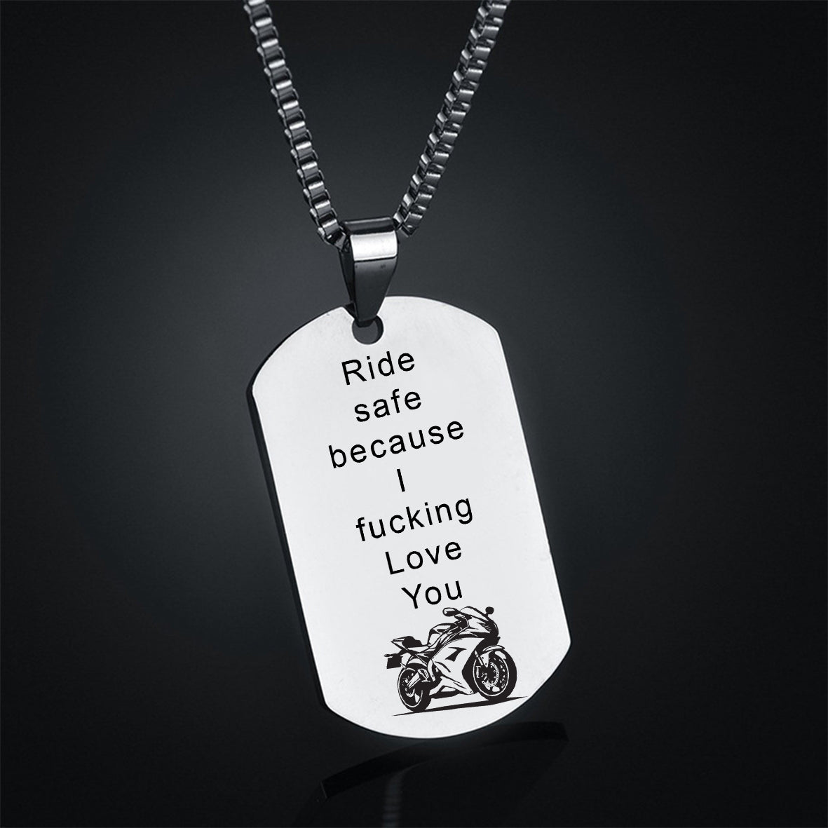 Cadou Pentru Iubit, Colier Military Tag Otel Inoxidabil, Cu Mesaj Gravat `Ride safe Because I Fu..... Love U Moto"