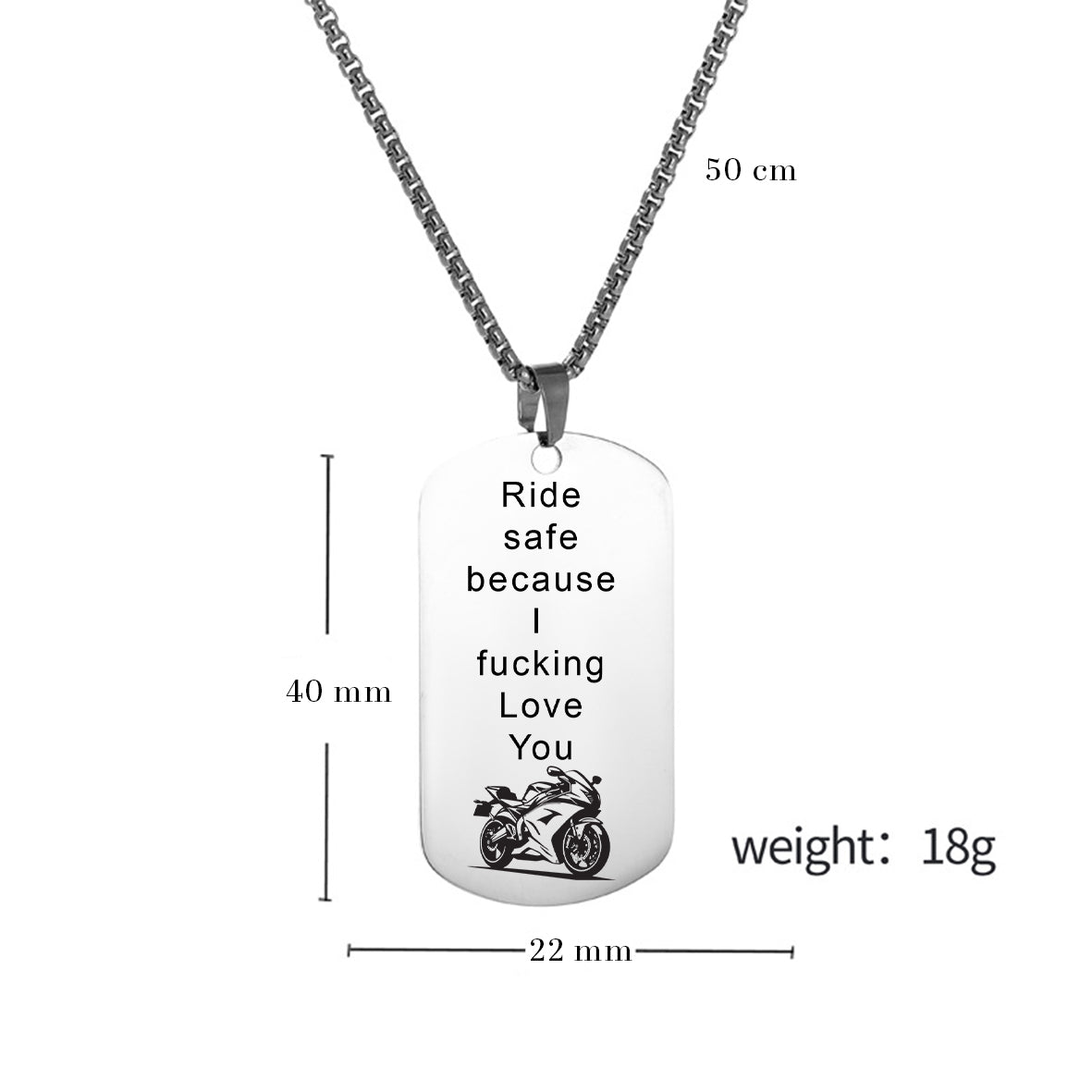Cadou Pentru Iubit, Colier Military Tag Otel Inoxidabil, Cu Mesaj Gravat `Ride safe Because I Fu..... Love U Moto"