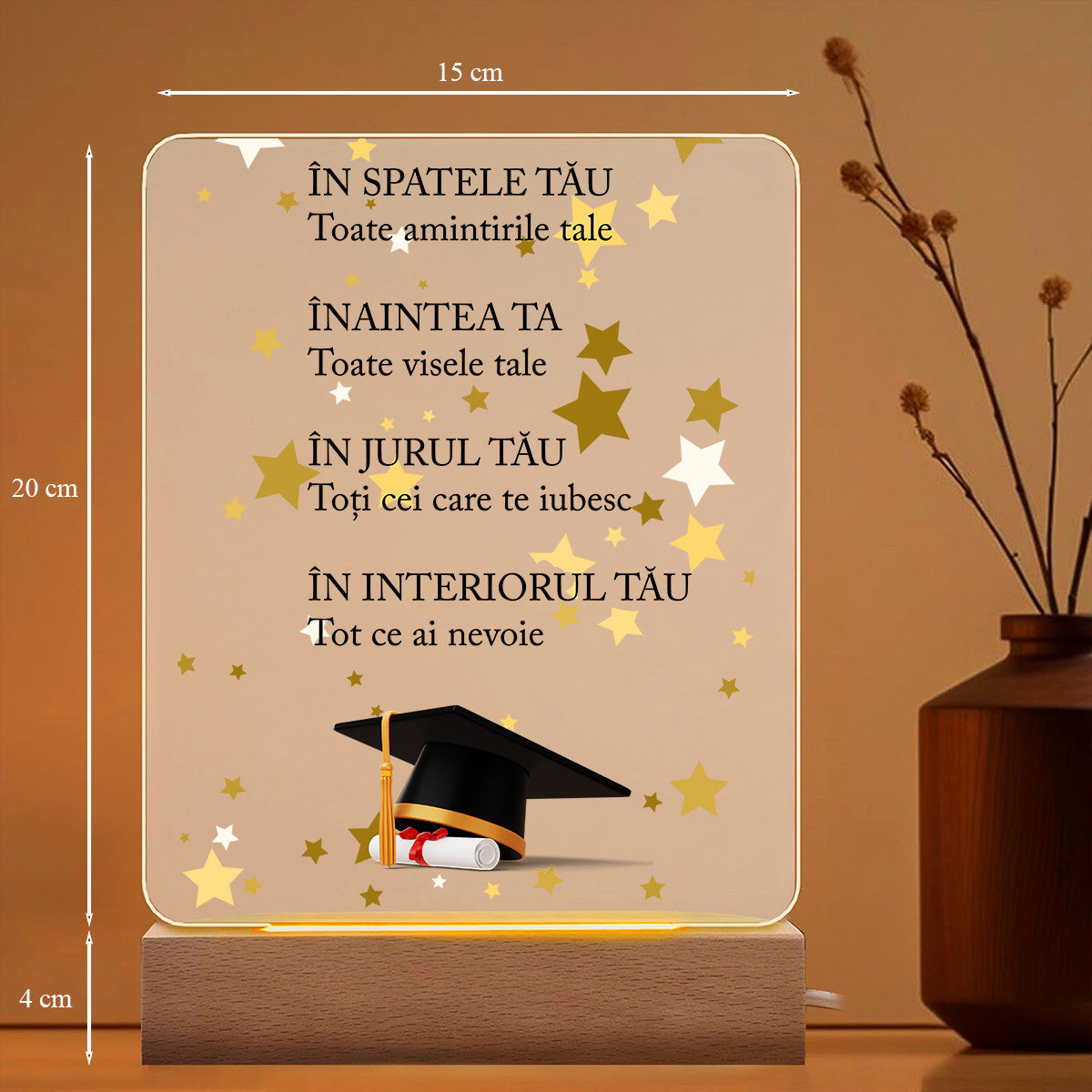Lampa Cadou Absolvire Fata, Lumina Calda, USB, Cadou de la Mama pentru Fiica, de la Tata, Bunici, Matusa, Sora, Nasa sau Prietena pentru fiica, nepoata, fina sau colega – acril 20x15 cm cu suport lemn