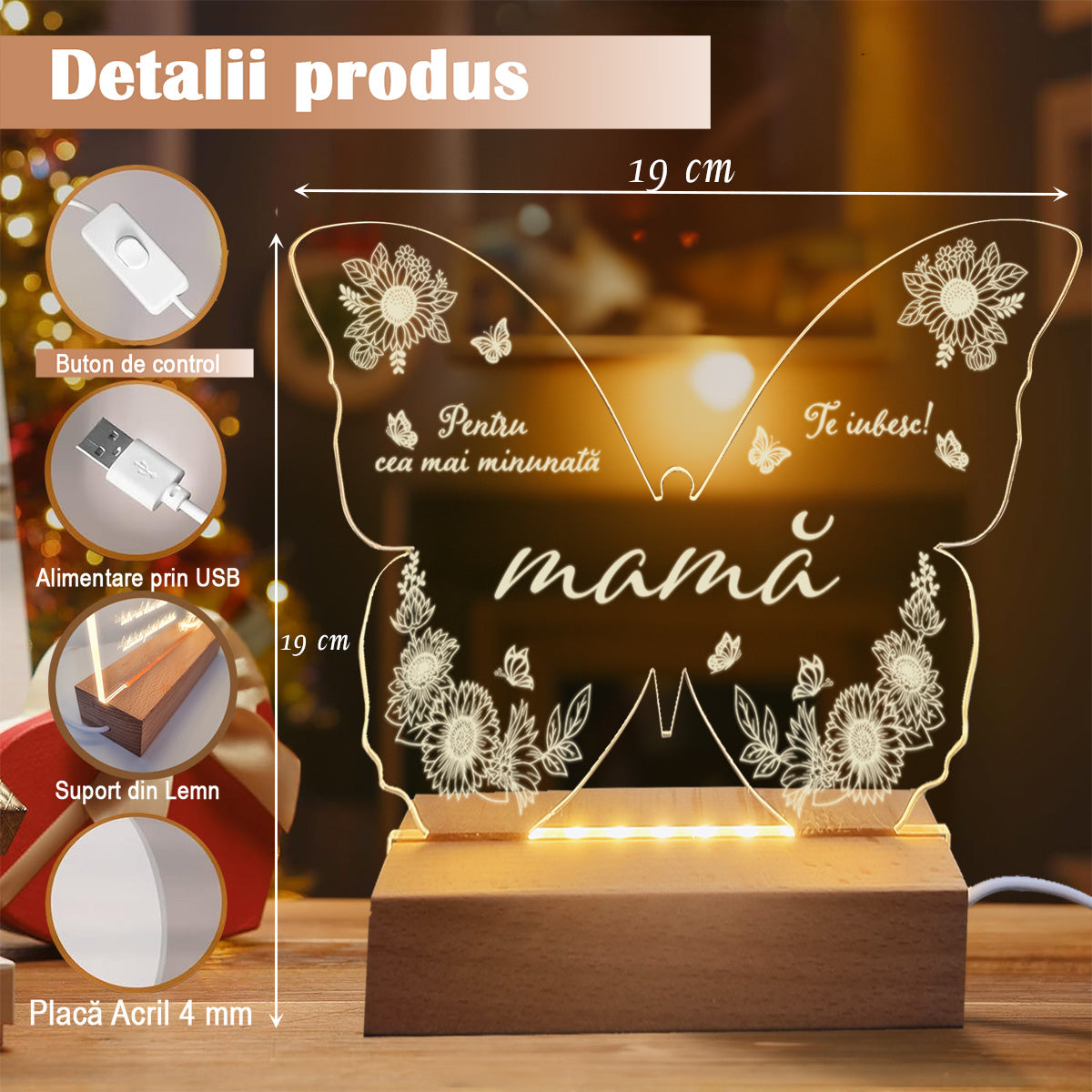 Set Cadou Pentru Mama, Joystos, Lampa din Acril Decorativa, Cadou Special pentru Mama, cu mesaj Gravat si Lumina Calda
