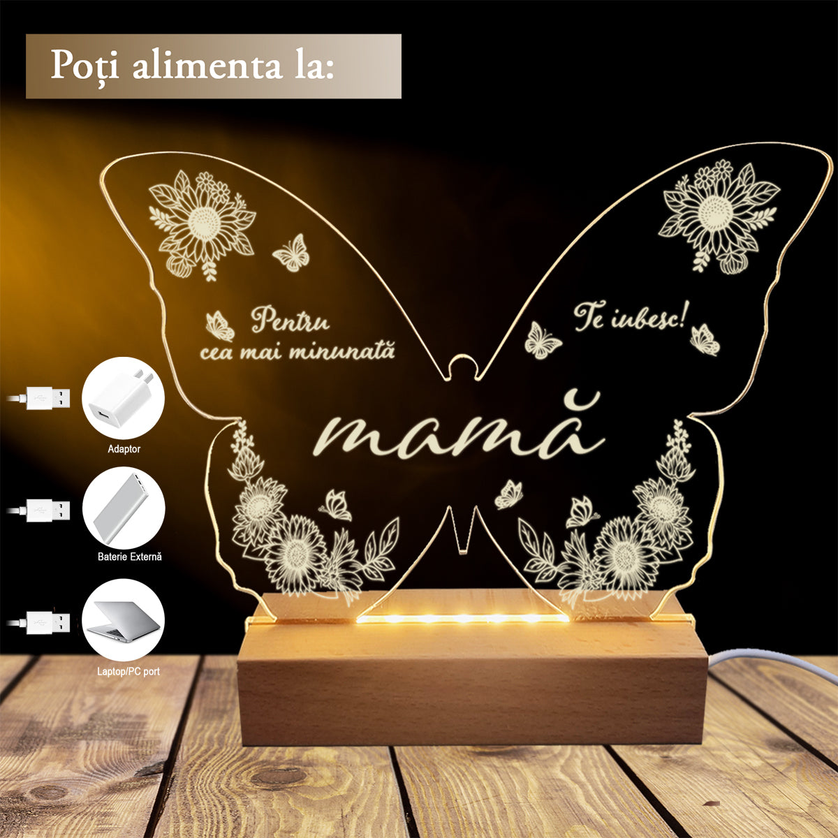 Set Cadou Pentru Mama, Joystos, Lampa din Acril Decorativa, Cadou Special pentru Mama, cu mesaj Gravat si Lumina Calda