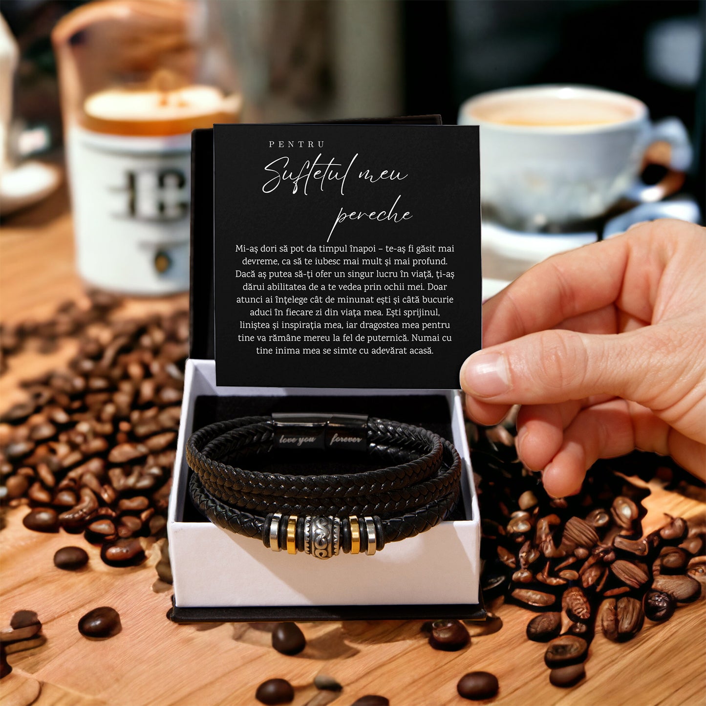 Cadou Pentru Iubit Sot, Bratara din piele Ecologica Cu Elemente de otel Inoxidabil, Gravata pe Inchizatoare cu textul „Love you forever”, Card Cu Mesaj ”Pt sufletul Pereche”