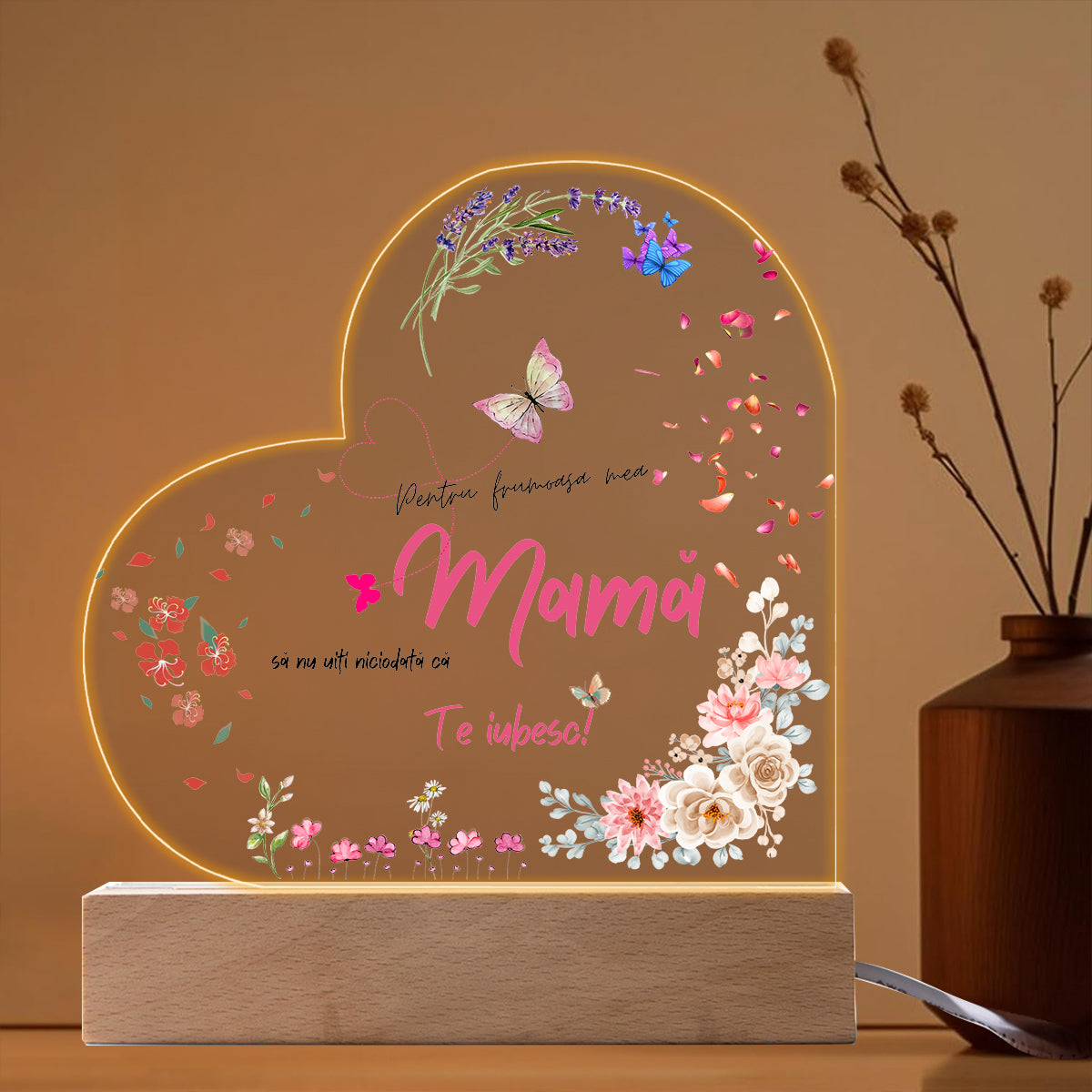 Set Cadou Pentru Mama, Lampa din Acril Decorativa, cu Mesajul 'Pentru frumoasa mea mama. Nu uita ca te iubesc'