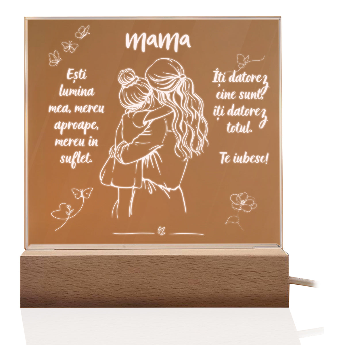 Set Cadou Pentru Mama. Joystos, Lampa Acril cu Mesaj „Esti lumina mea, mereu aproape, mereu in suflet. Te Iubesc”