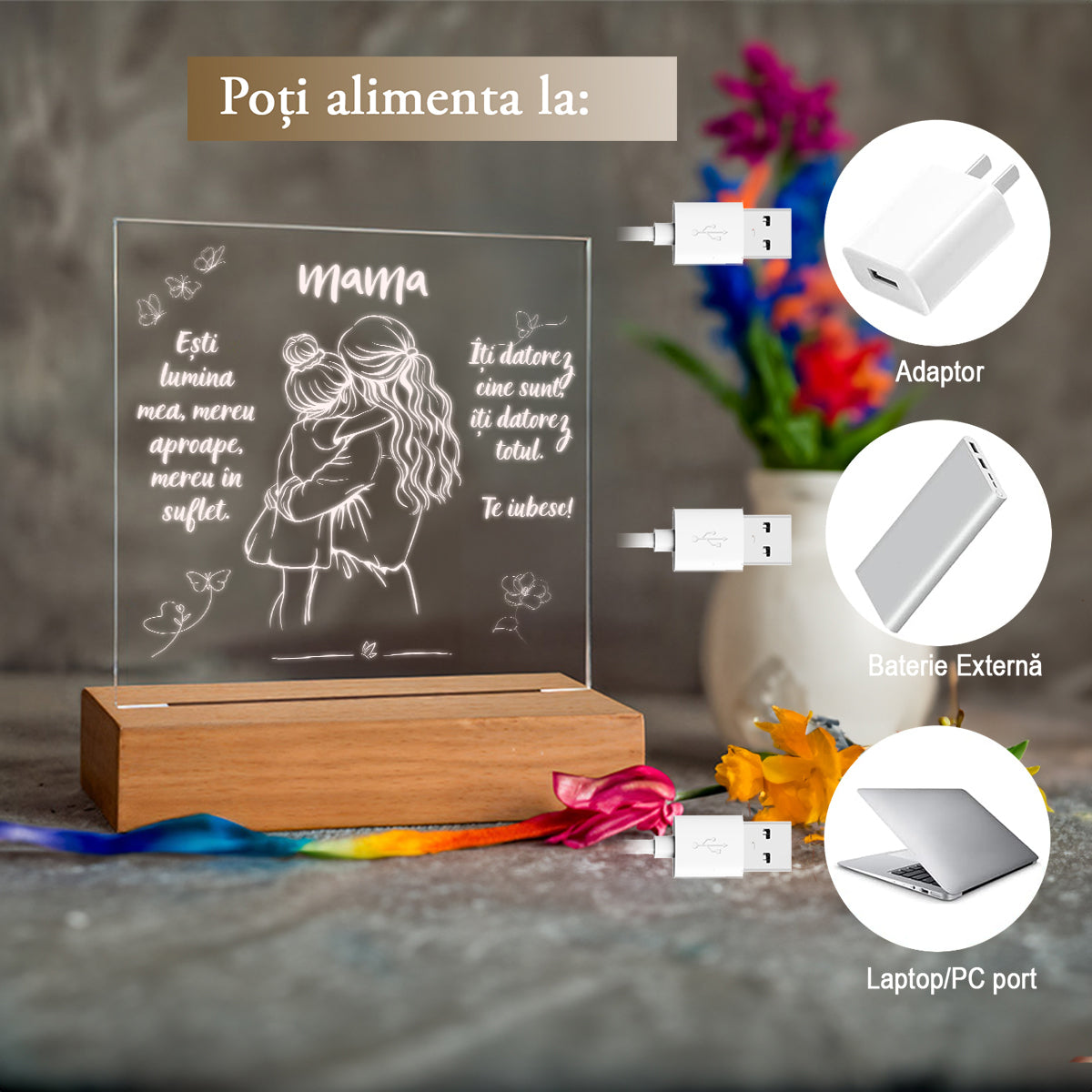 Set Cadou Pentru Mama. Joystos, Lampa Acril cu Mesaj „Esti lumina mea, mereu aproape, mereu in suflet. Te Iubesc”