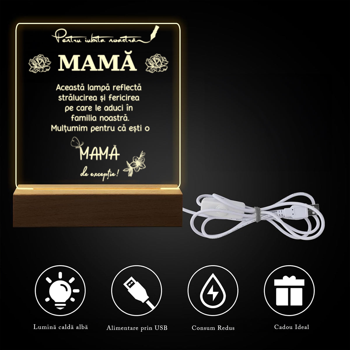 Cadou Pentru Mama, Lampa Decorativa, Lumina Calda cu Mesajul „Aceasta lampa reflecta stralucirea ...”