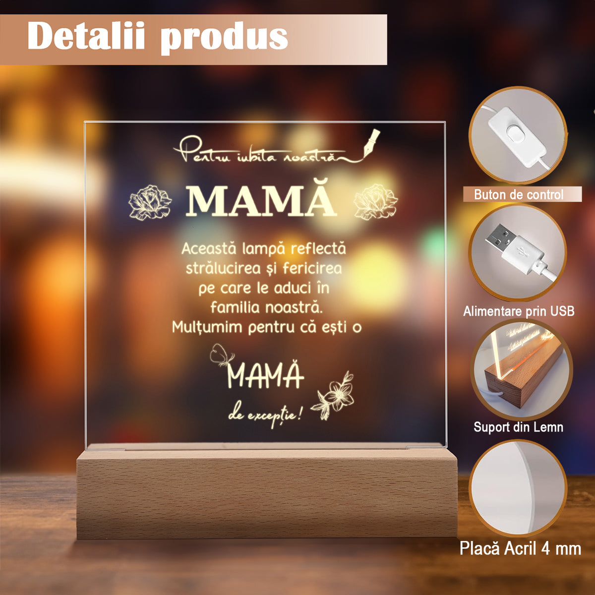 Cadou Pentru Mama, Lampa Decorativa, Lumina Calda cu Mesajul „Aceasta lampa reflecta stralucirea ...”