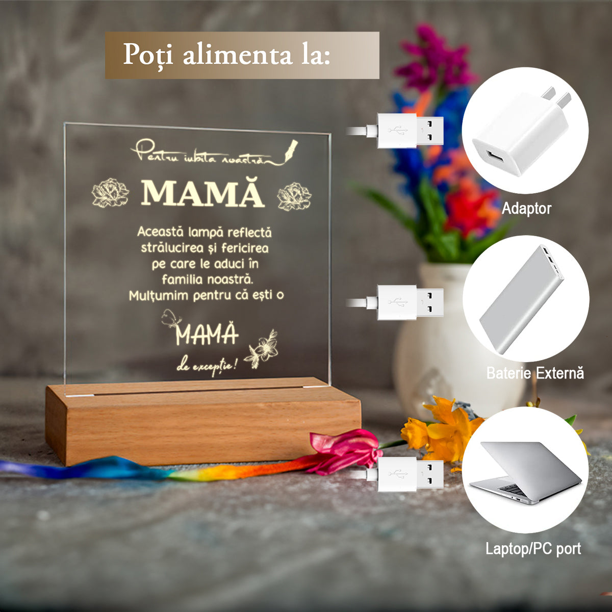 Cadou Pentru Mama, Lampa Decorativa, Lumina Calda cu Mesajul „Aceasta lampa reflecta stralucirea ...”