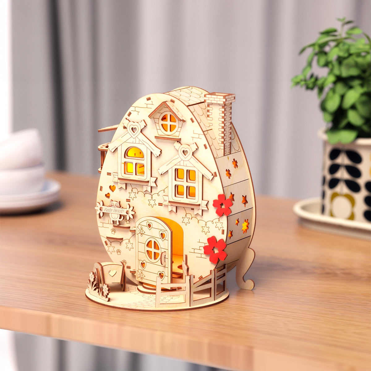 Set Cadou de Paste, Casa Suport 4 Oua Colorate, Puzzle din Lemn, Activitate Creativa pentru Copii dar si Pentru Adulti