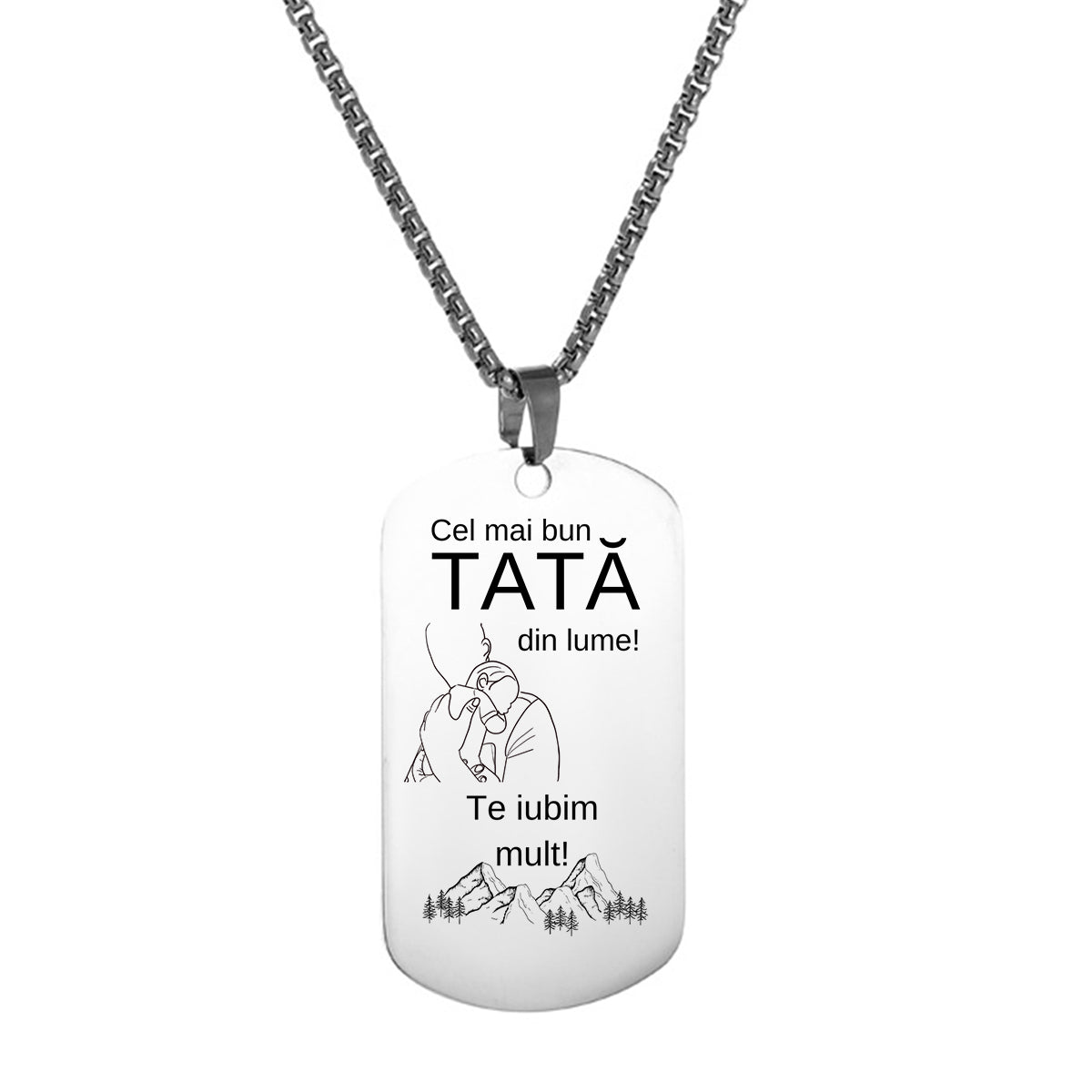 Cadou Pentru Tata, Colier Military Tag, Gravat cu Mesajul „Pentru cel mai bun Tata. Te Iubim Mult.”, Lant 50 cm, Otel Inoxidabil
