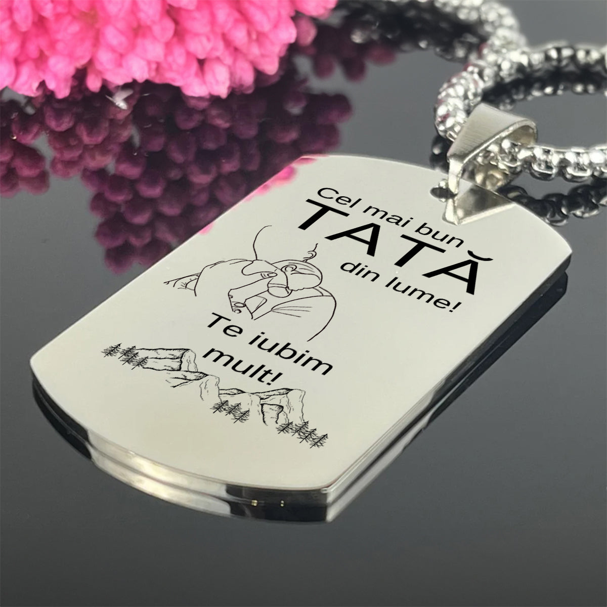 Cadou Pentru Tata, Colier Military Tag, Gravat cu Mesajul „Pentru cel mai bun Tata. Te Iubim Mult.”, Lant 50 cm, Otel Inoxidabil