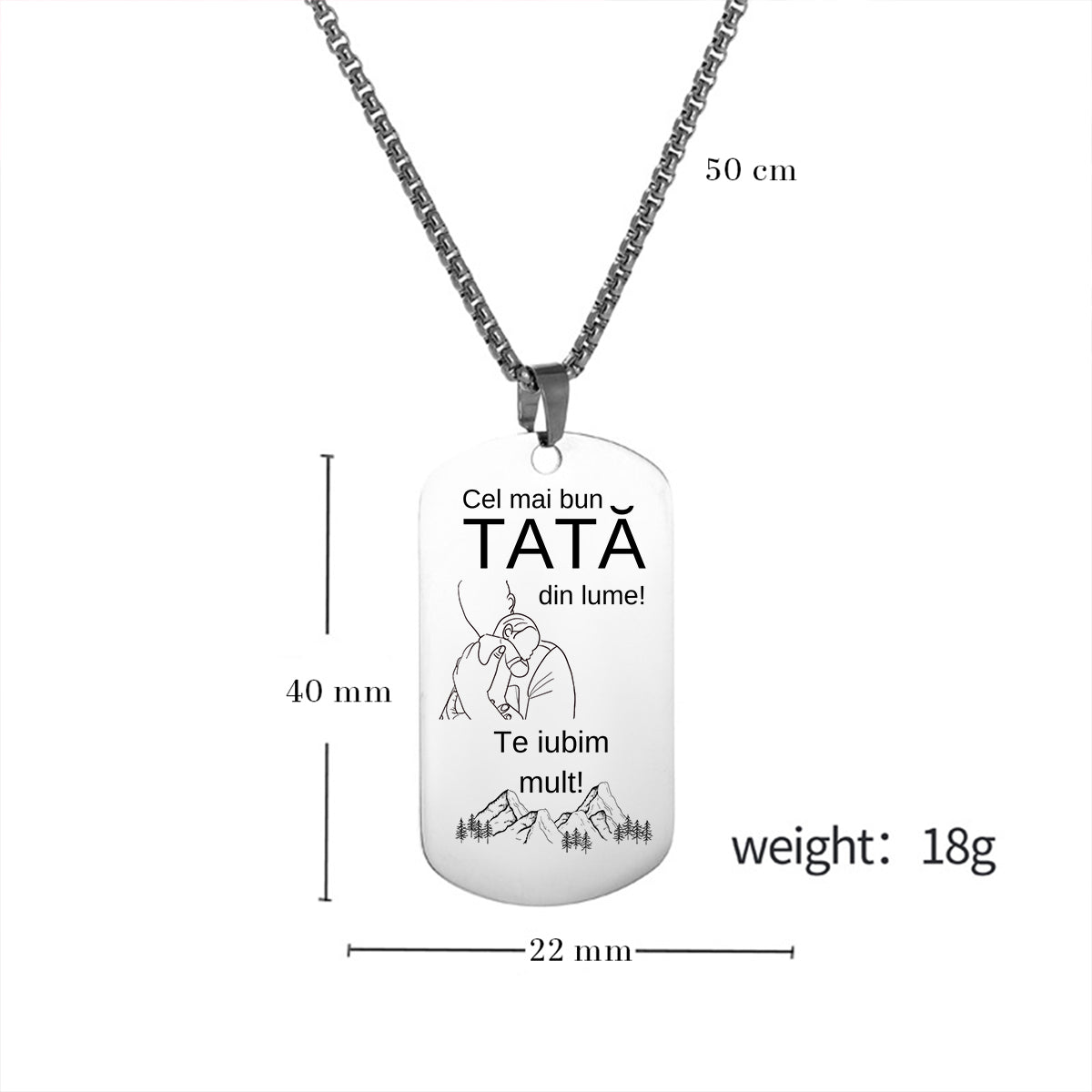 Cadou Pentru Tata, Colier Military Tag, Gravat cu Mesajul „Pentru cel mai bun Tata. Te Iubim Mult.”, Lant 50 cm, Otel Inoxidabil