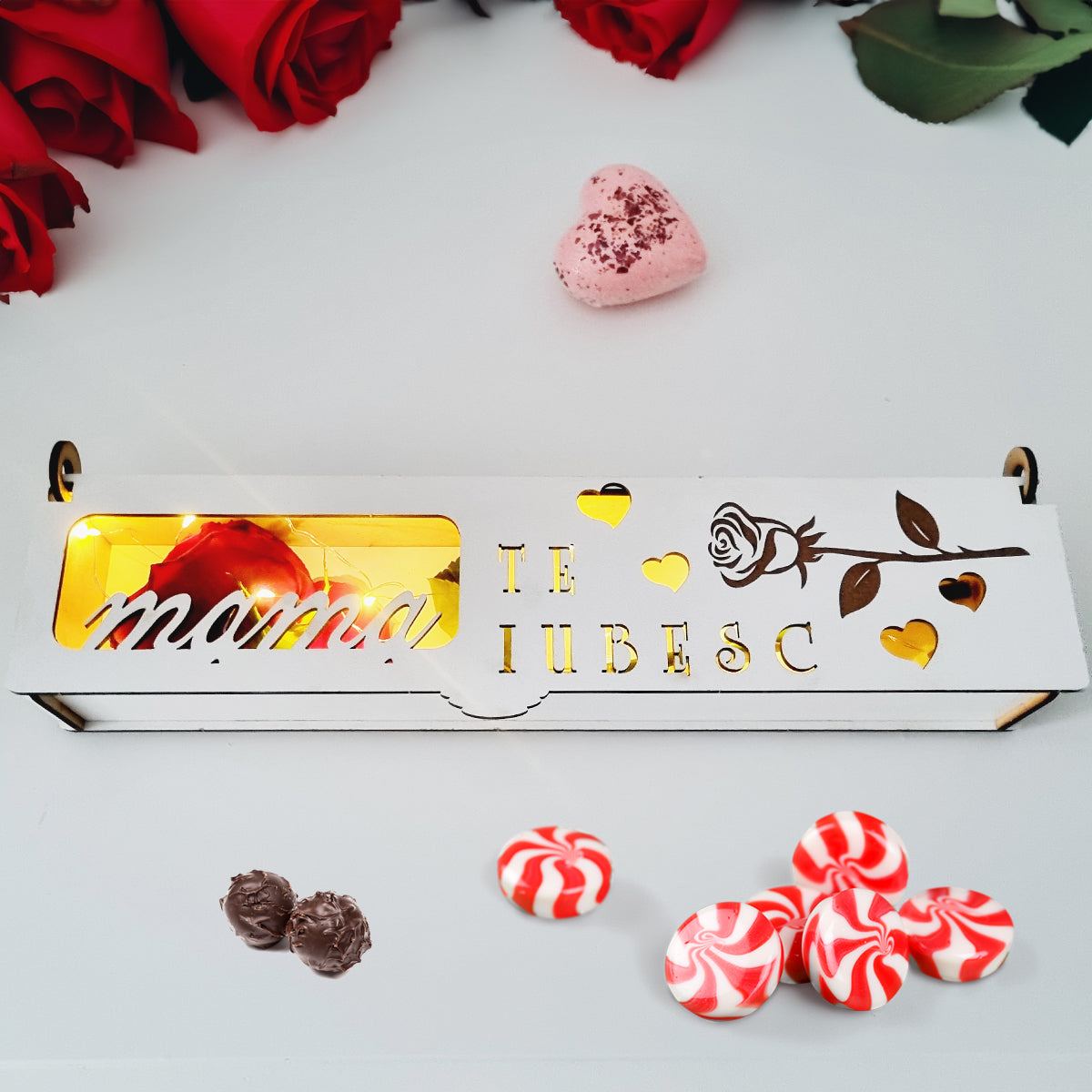 Cutie Cadou Eleganta din Lemn pentru Mama, Joystos, Suport Trandafiri, Bomboane, Bijuterii, Accesorii – 38 cm