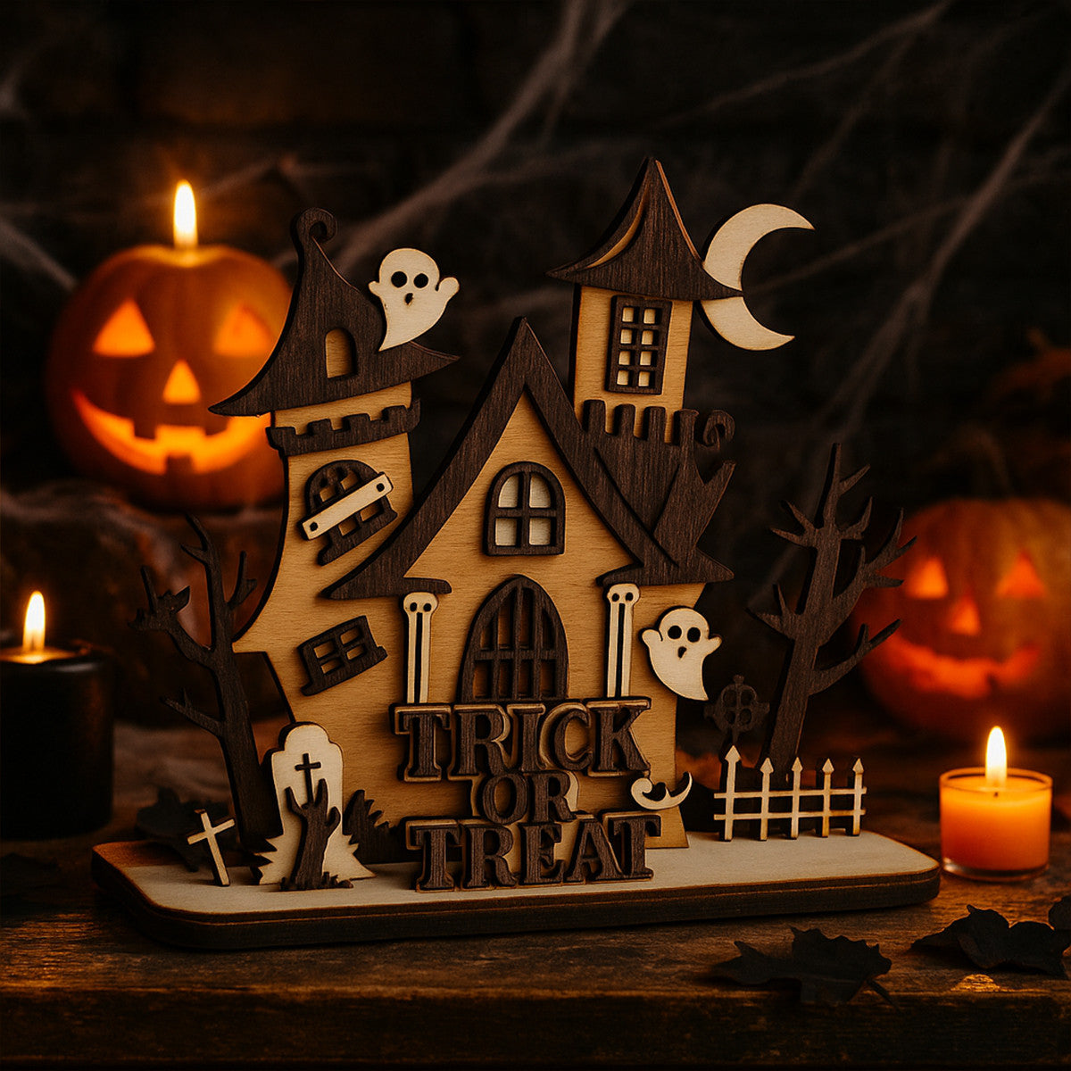 Decoratiune Halloween Din Lemn Joystos, Casuta Bantuita Cu Fantome Si Mesaj Trick Or Treat, Decor Tematic De Toamna Pentru Casa, Birou Sau Vitrina, Ornamente Sezoniere Pentru Petreceri Si Sarbatori De Halloween