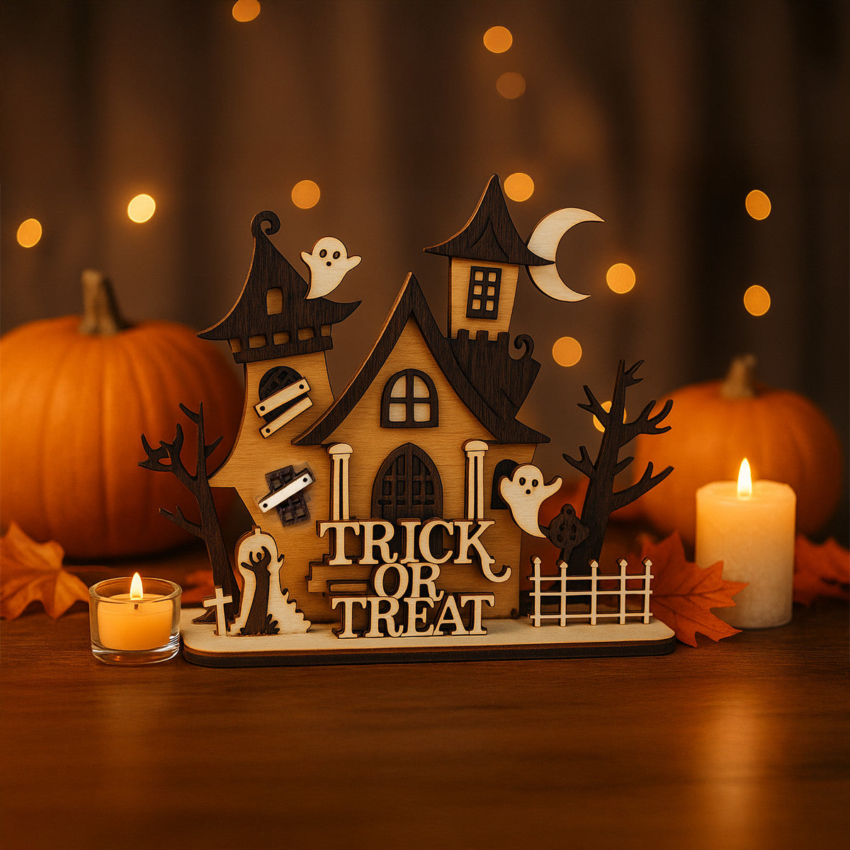 Decoratiune Halloween Din Lemn Joystos, Casuta Bantuita Cu Fantome Si Mesaj Trick Or Treat, Decor Tematic De Toamna Pentru Casa, Birou Sau Vitrina, Ornamente Sezoniere Pentru Petreceri Si Sarbatori De Halloween