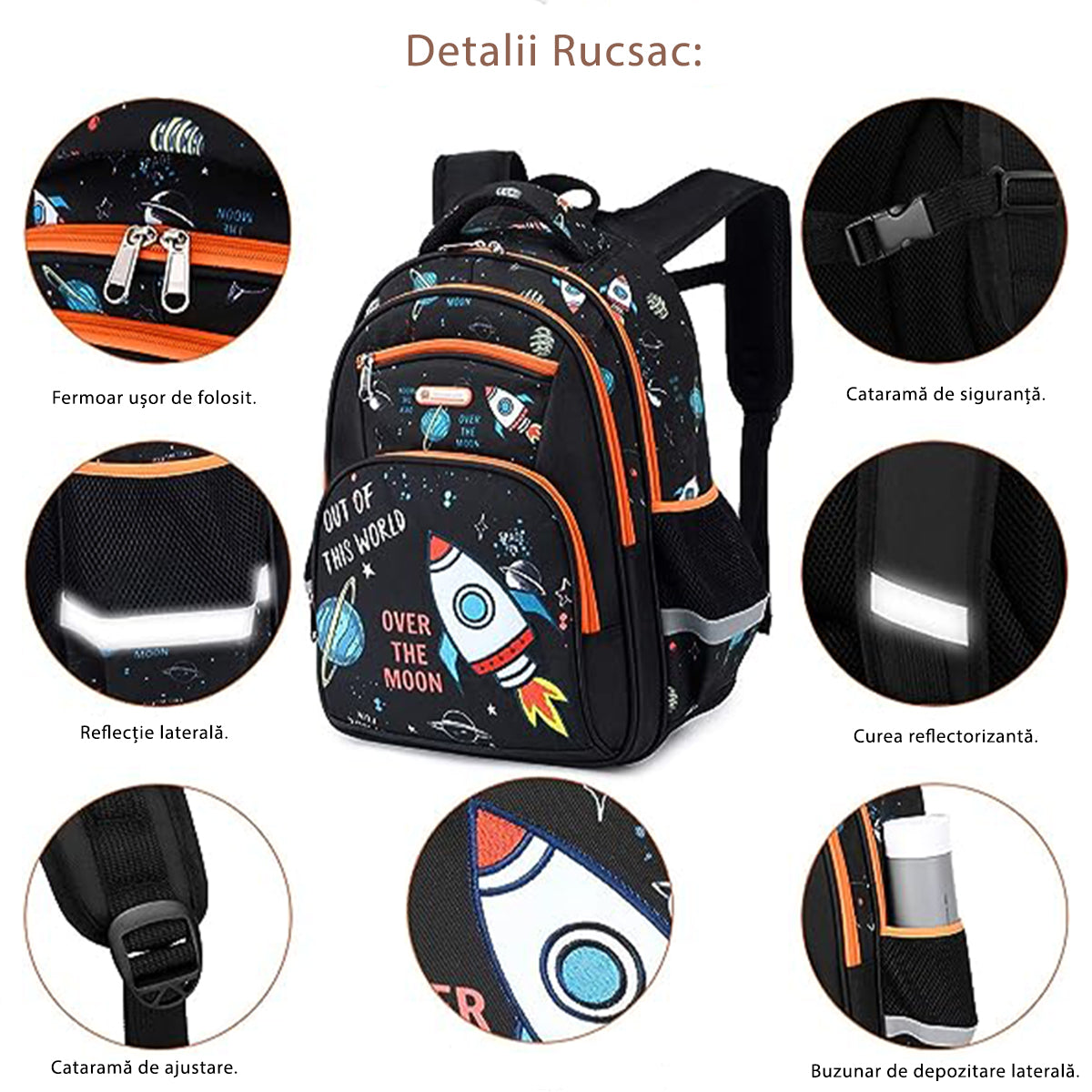 Ghiozdan Scoala, JOYSTOS, Multifunctional, Model Nava Spatiala - Out of this World, Fosforescent, 15, 6 inch, ideal 8-12 ani