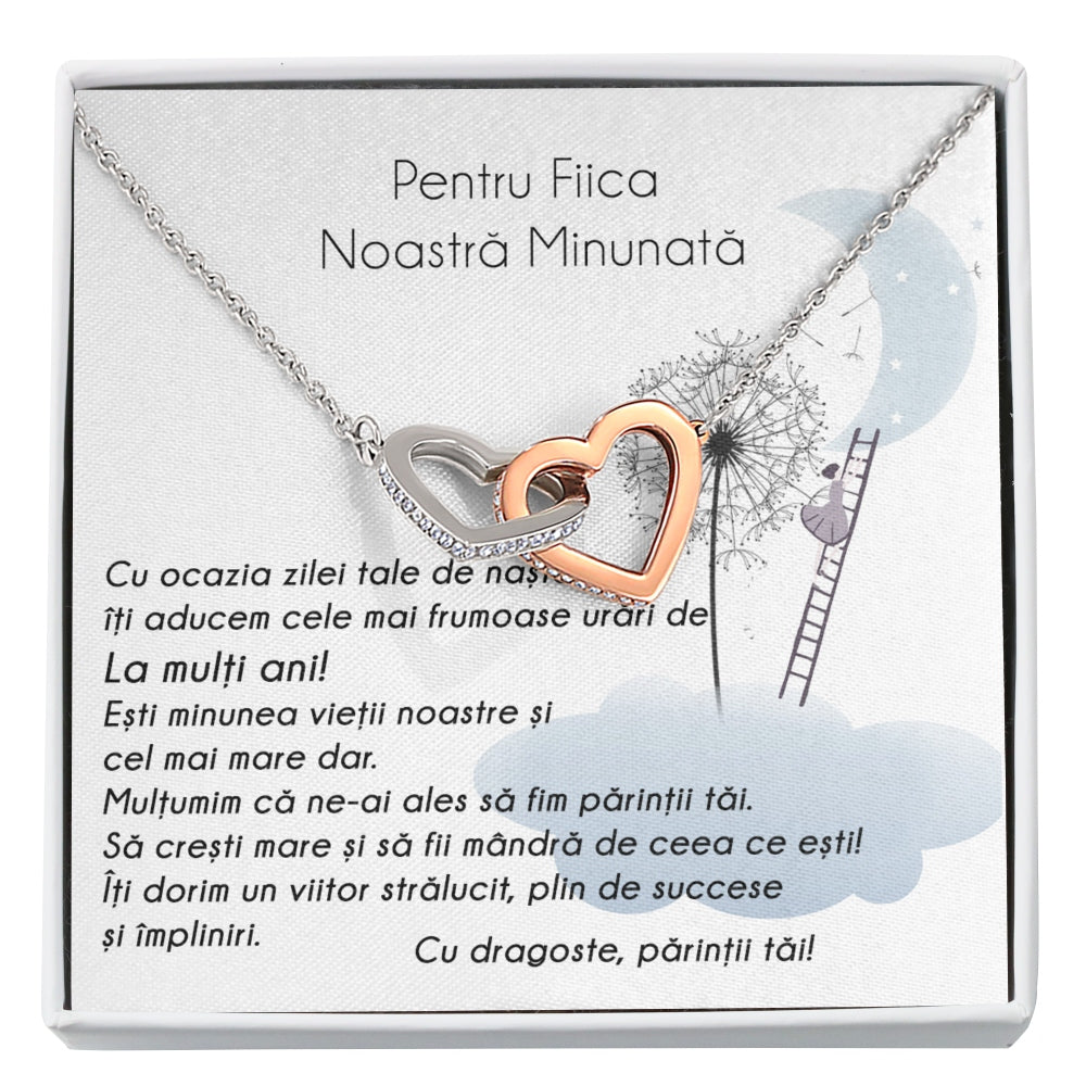 Cadou Pentru Fiica: Colier Nodul Iubirii, Placat Aur Alb 14K, Si Card Cu Mesaj 'Pentru Fiica Noastra Minunata'