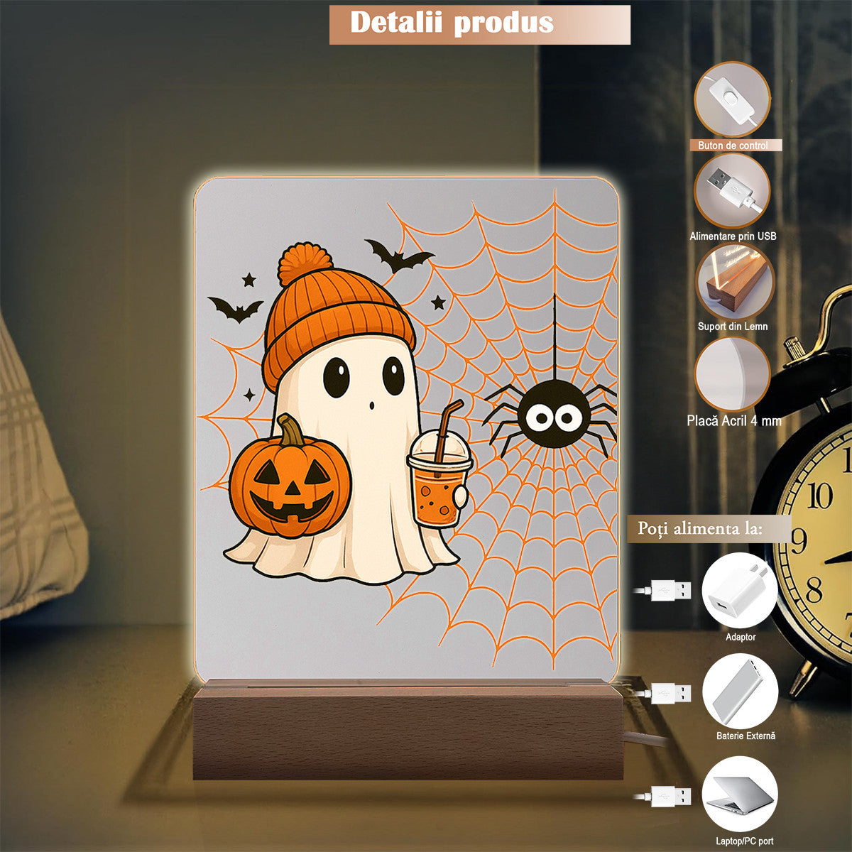Lampa decorativă acrilică Joystos Halloween, fantomă, dovleac zâmbitor, 15x20x4cm, alimentare USB