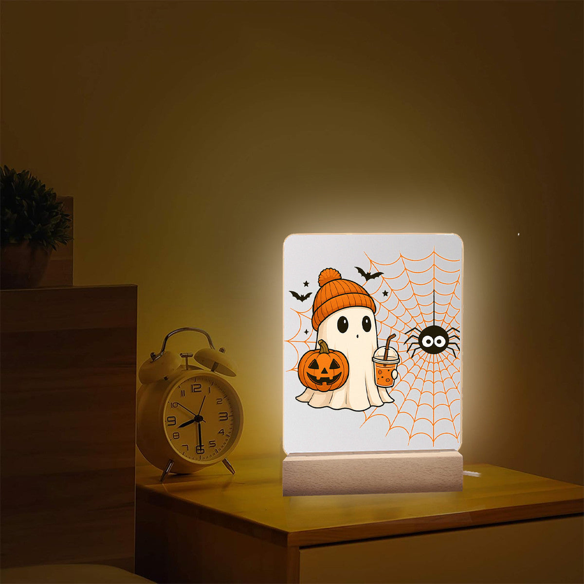 Lampa decorativă acrilică Joystos Halloween, fantomă, dovleac zâmbitor, 15x20x4cm, alimentare USB