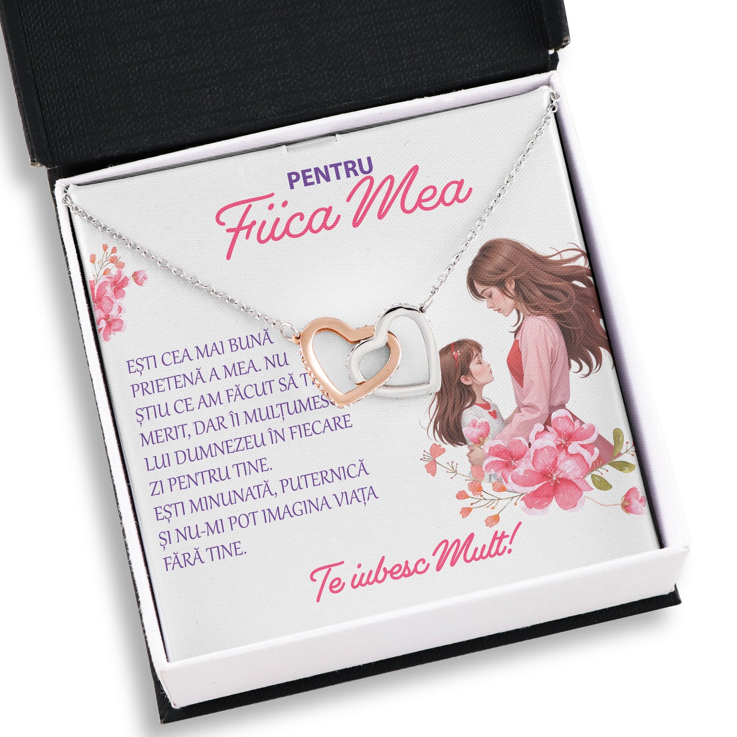 Set Cadou Pentru Fiica De la Mama, Colier din Argint 925 si Pandant Placat cu Alb 14K, Si Card Cu Mesaj in Cutie `Pentru fiica Mea`