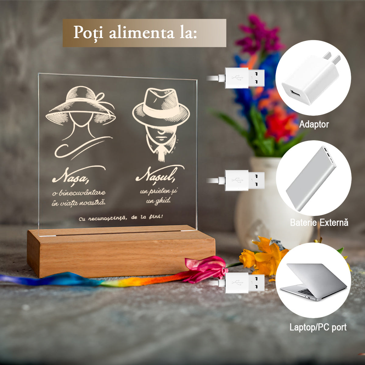 Set cadou pentru nași – lampă acril gravată + 2 căni cu mesaje „Cea mai minunată nașă” și „Cel mai bun naș” – de la fini, cu dragoste