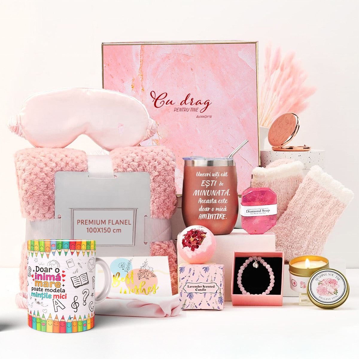 Set Cadou pentru Femei 10 Piese, Joystos, Patura pufoasa, Cana Termos, Lumanare parfumata, Masca Somn, Sosete dama, Bratara, Bomba de Baie, Sapun Diamond, Felicitare, Ambalate in pachet elegant