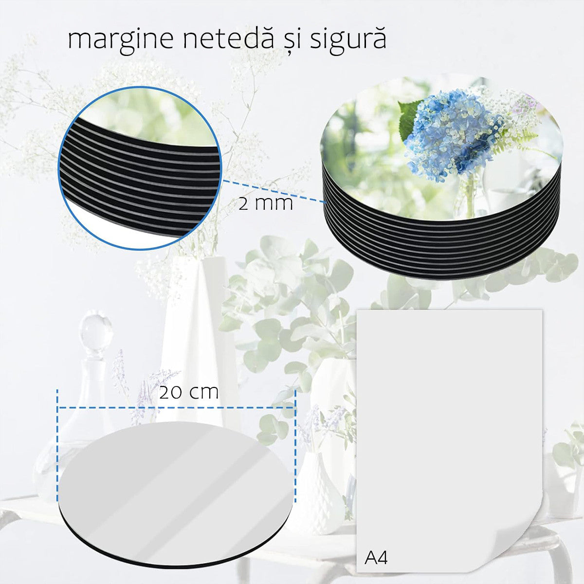 Set 12 Oglinzi Decorative pentru mese, Grosime 2 mm, Oglinzi Rotunde de 250 mm pentru piese centrale – Ideal pentru Decor de Nunta, Botez, Petreceri si Craciun