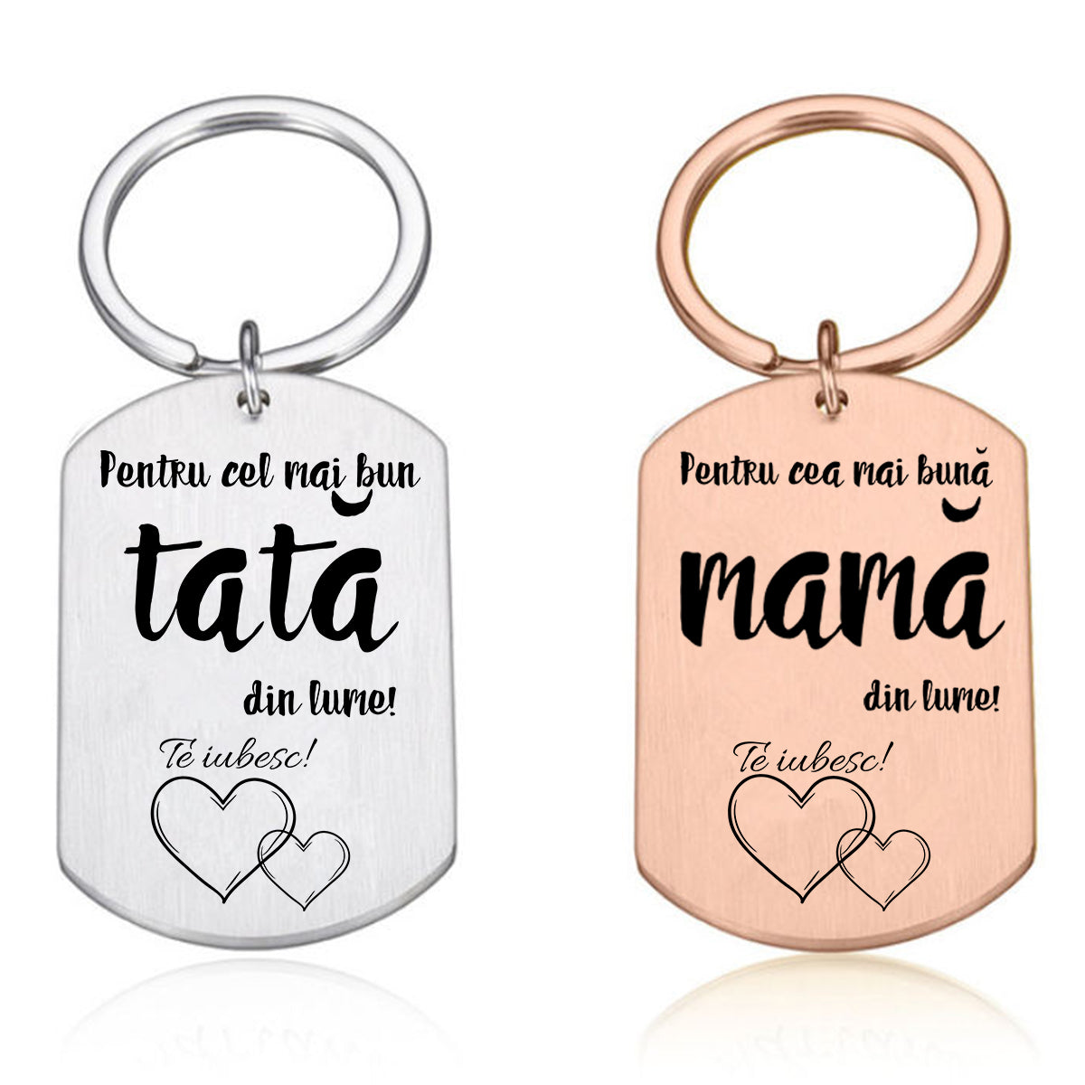 Set Cadou Pentru Mama si Tata, 2 Brelocuri, gravate cu Mesaj ”” Cea mai buna mama din lume / Cel mai bun Tata din Lume”