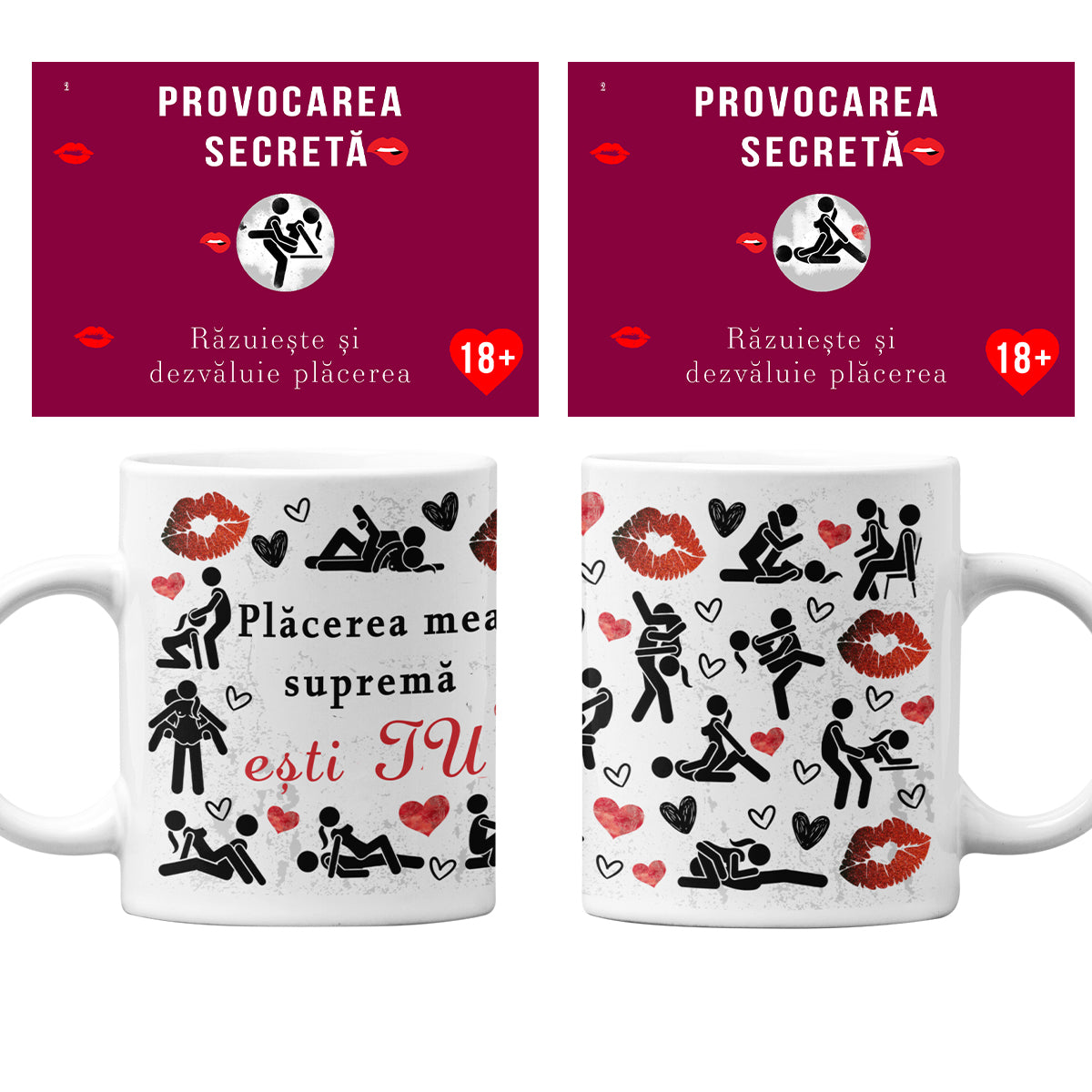 Set Cana Alba, 330 ml, Cu Pozitii Sexuale si Textul „Placerea me suprema esti tu”, si 2 Carduri Razuibile 18+