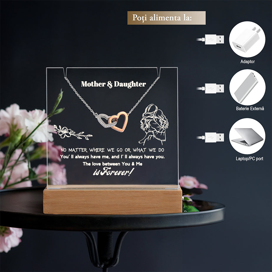 Set Cadou Mama si Fiica - Colier din Argint 925 si Pandant Inima Dubla Placat cu Aur Alb si Rose 14K, Lampa Personalizata cu Text ”Mama si Fiica”, Cana Ceramica si Ceai Aromat