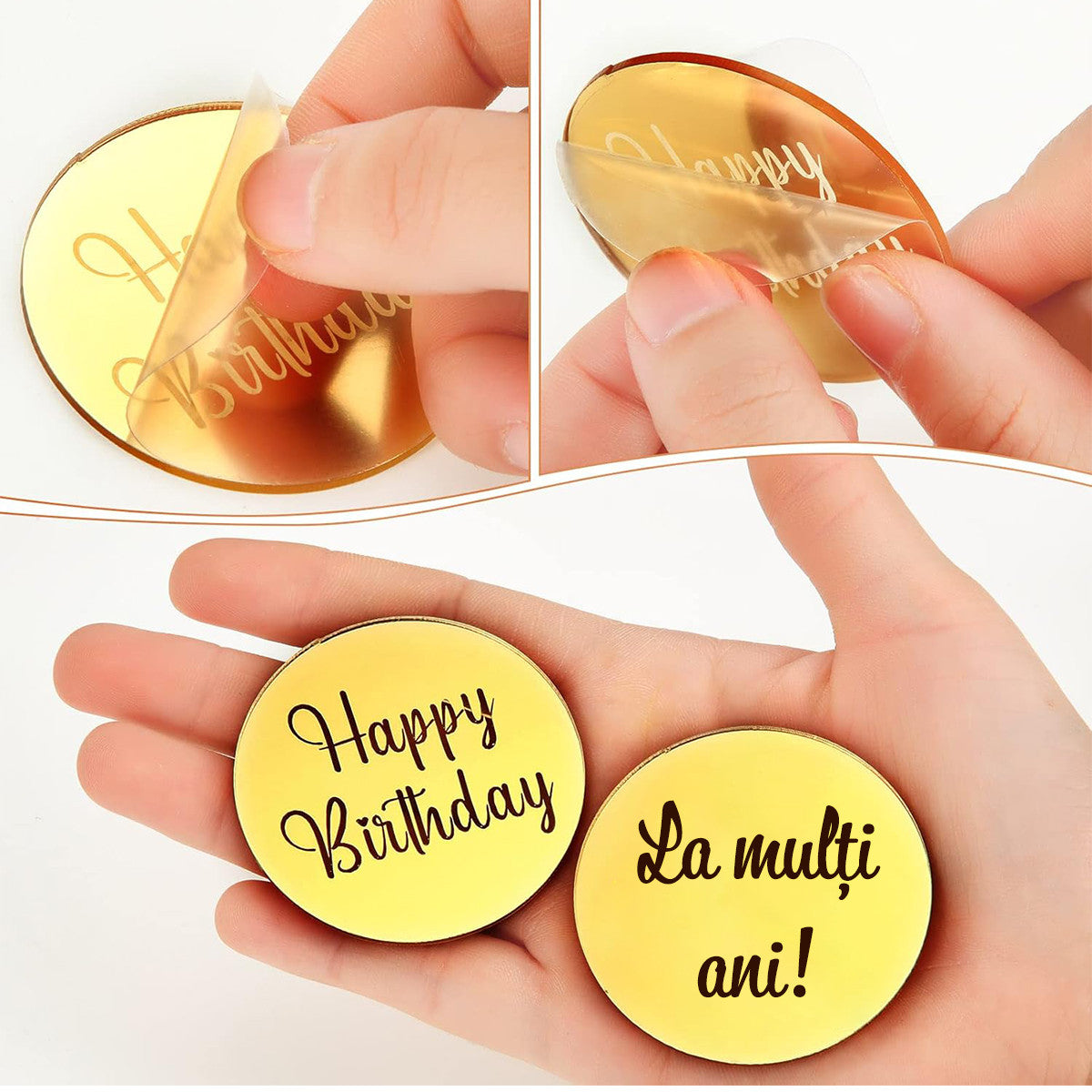 Set Toppere Rotunde din Acril Oglinda, Happy Birthday & La multi ani – Decoratiuni Elegante pentru Briose, Prajituri, Torturi si Evenimente Speciale