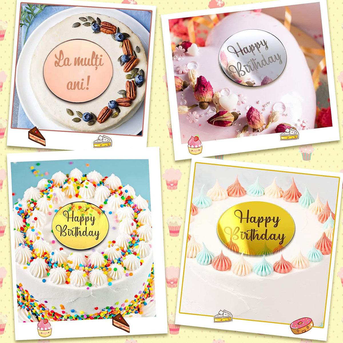 Set Toppere Rotunde din Acril Oglinda, Happy Birthday & La multi ani – Decoratiuni Elegante pentru Briose, Prajituri, Torturi si Evenimente Speciale