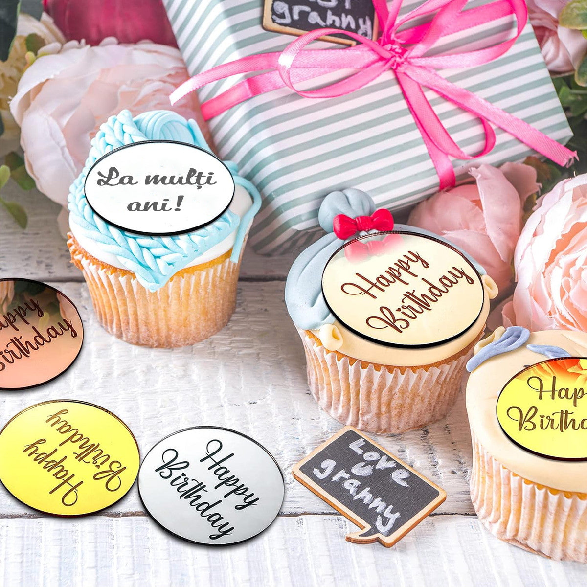 Set Toppere Rotunde din Acril Oglinda, Happy Birthday & La multi ani – Decoratiuni Elegante pentru Briose, Prajituri, Torturi si Evenimente Speciale