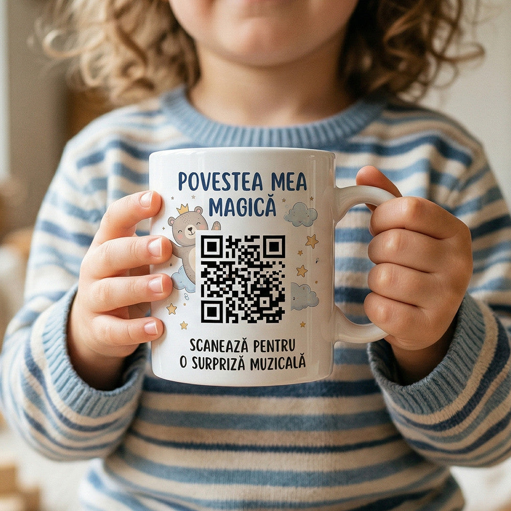 Cană Cadou Personalizata Copii „Povestea Ta” – Cu Cod QR și Melodie Personalizată