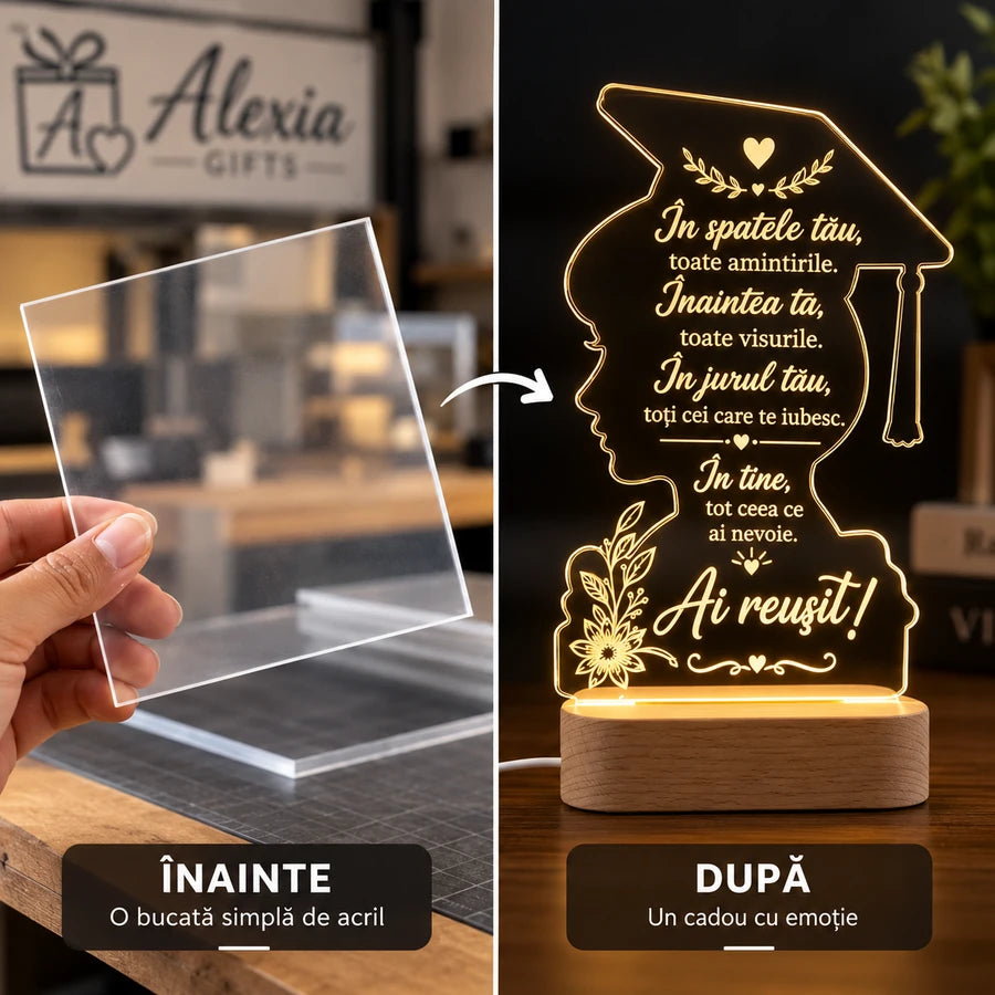 Înainte: o bucată simplă de acril. După: o lampă personalizată pentru absolvire, un cadou cu emoție.