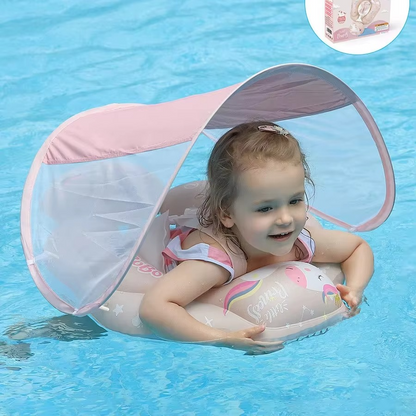 Colac de Inot pentru Bebeluși si Copii cu Parasolar UPF 50+, Model Unicorn Roz, 3 Luni - 5 Ani