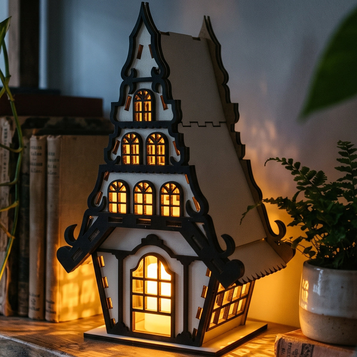 Dimensiunile căsuței decorative: 22 cm înălțime, 14 cm lățime și 9 cm adâncime