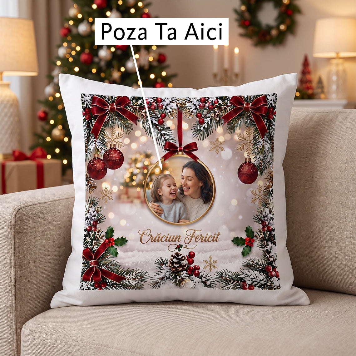 Pernă personalizată de Crăciun cu fotografie, globuri roșii și mesajul Crăciun Fericit