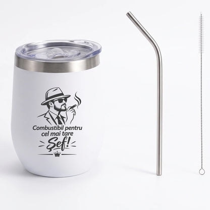 Termos alb pentru șef de 350 ml, cu pai metalic și perie