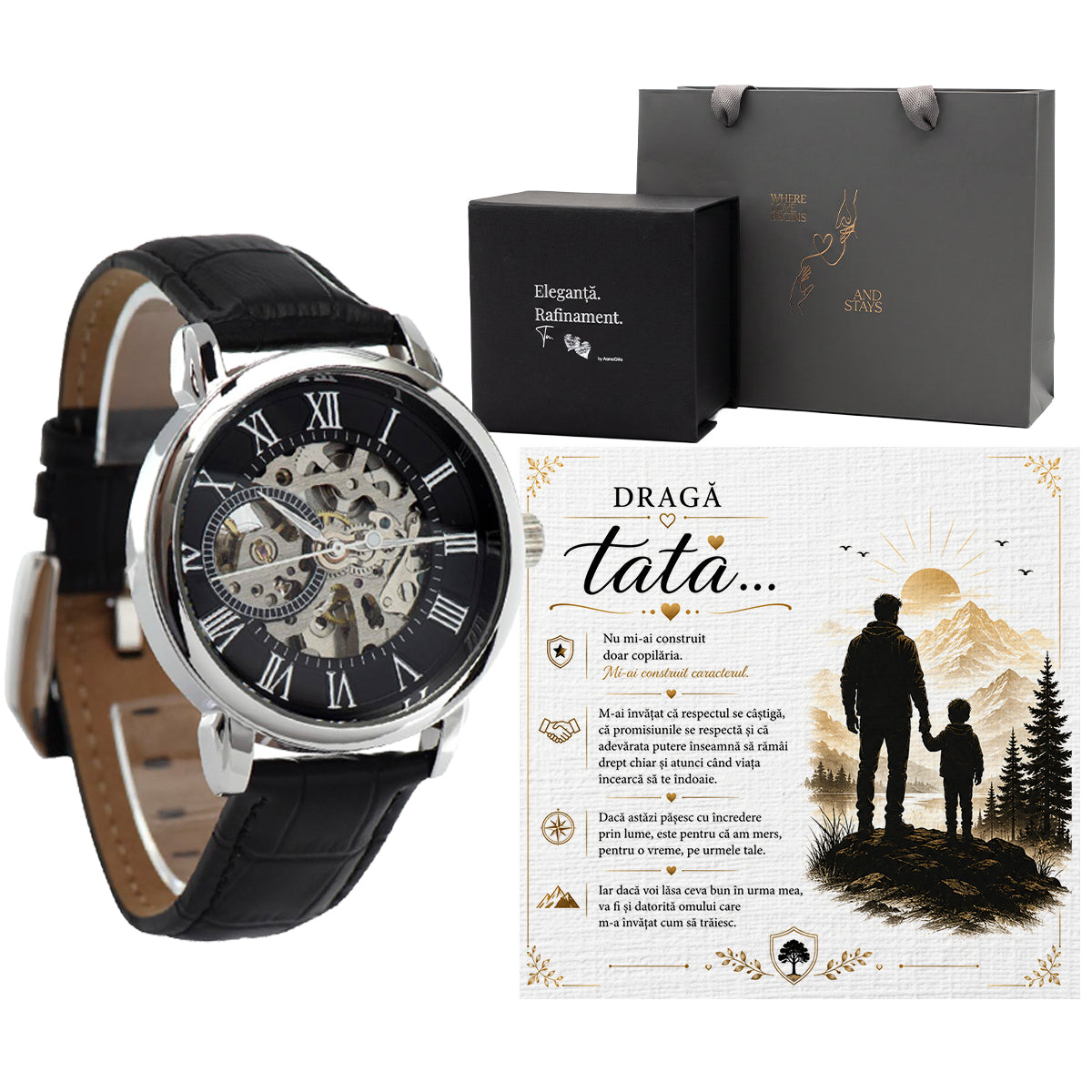 Cadou pentru tata cu ceas mecanic skeleton, cutie, cartonaș și pungă