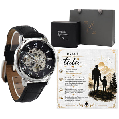 Cadou pentru tata cu ceas mecanic skeleton, cutie, cartonaș și pungă
