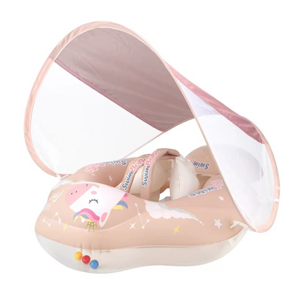 Colac de Inot pentru Bebeluși si Copii cu Parasolar UPF 50+, Model Unicorn Roz, 3 Luni - 5 Ani